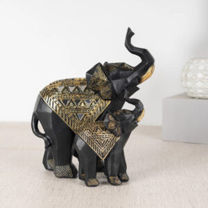 Miraya Polyresin Elephant With Baby Elephant Geometric Cut Style, Hand Finished Figurine 21Cm in Black & Gold Colour