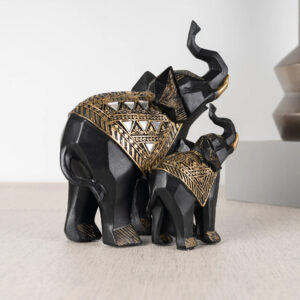 Miraya Polyresin Elephant With Baby Elephant Geometric Cut Style, Hand Finished Figurine 21Cm in Black & Gold Colour