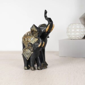 Miraya Polyresin Elephant With Baby Elephant Geometric Cut Style, Hand Finished Figurine 21Cm in Black & Gold Colour