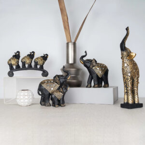 Miraya Polyresin Elephant With Baby Elephant Geometric Cut Style, Hand Finished Figurine 21Cm in Black & Gold Colour