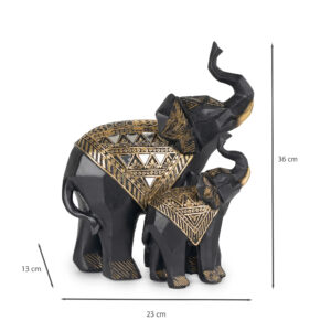 Miraya Polyresin Elephant With Baby Elephant Geometric Cut Style, Hand Finished Figurine 21Cm in Black & Gold Colour